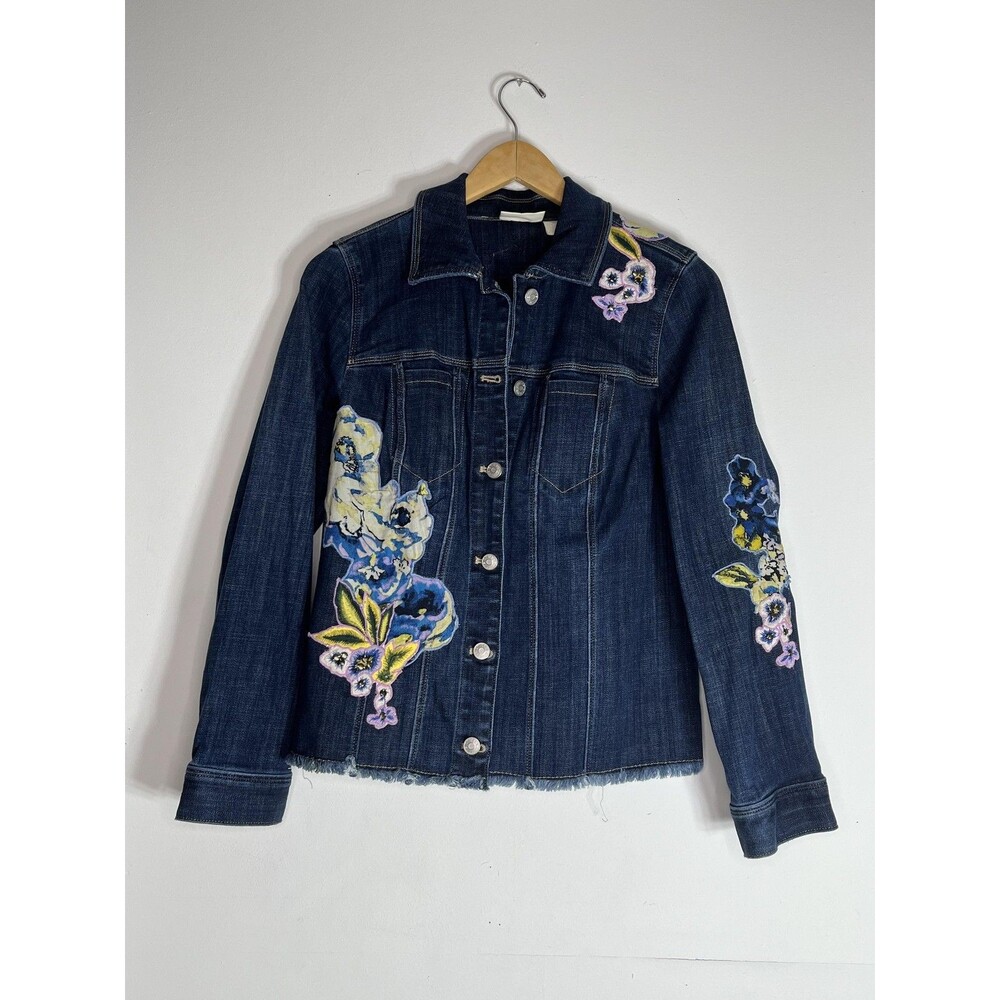 Chico's Jacket Womens 0 S Blue Jean Floral Embroidered Studded Denim Raw Hem